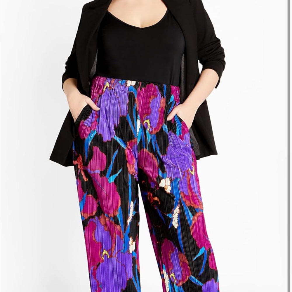City Chic Black and Purple floral Wide Leg Pants - Picture 3 of 8